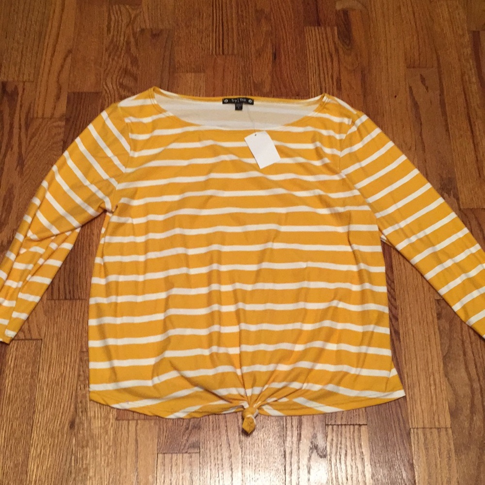 Women’s Yellow & White Striped Long-Sleeve Knot Front Top